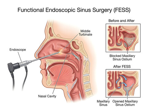 Functional endoscopic sinus surgery (fess) procedure illustration isolated on white background