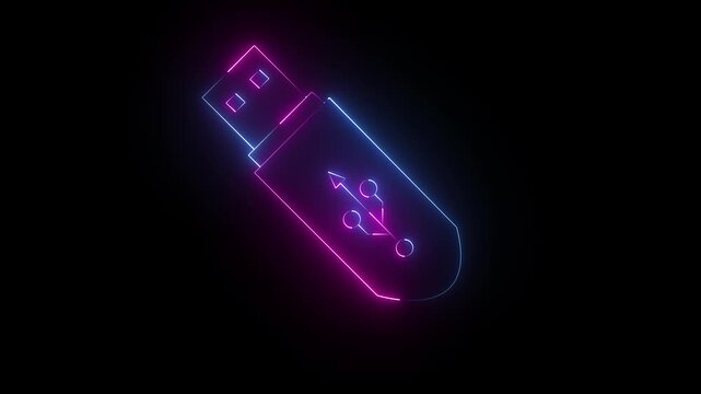 Glowing neon USB pen drive icon isolated on black background. USB drive icon animation. Security, safety, protection concept. USB flash drive icon neon animation. 4k motion video.