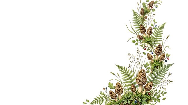 Delicate woodland ferns and morel mushrooms form a natural border on a white background.