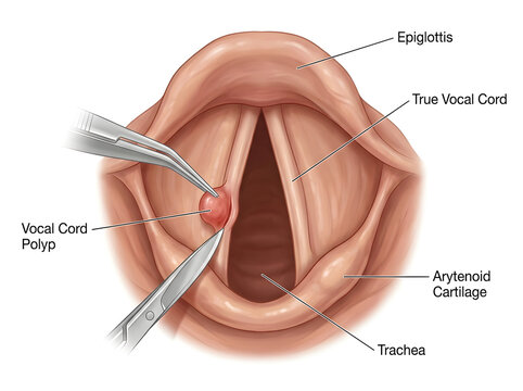 Human larynx anatomy with vocal cord polyp illustration isolated on white background