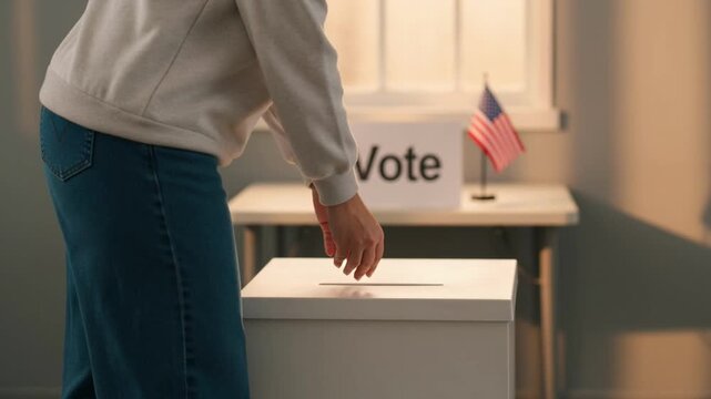 Person casting ballot into vote box at polling station with American flag and sign Video clip