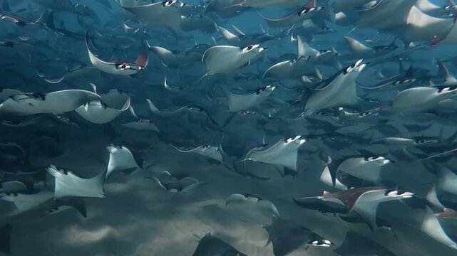 Underwater View of Large Fever of Mobula Rays Swimming in Deep Blue Sea
