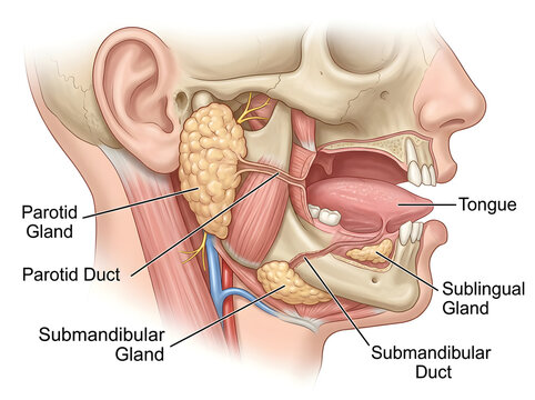 Human salivary glands and ducts anatomy diagram illustration isolated on white background