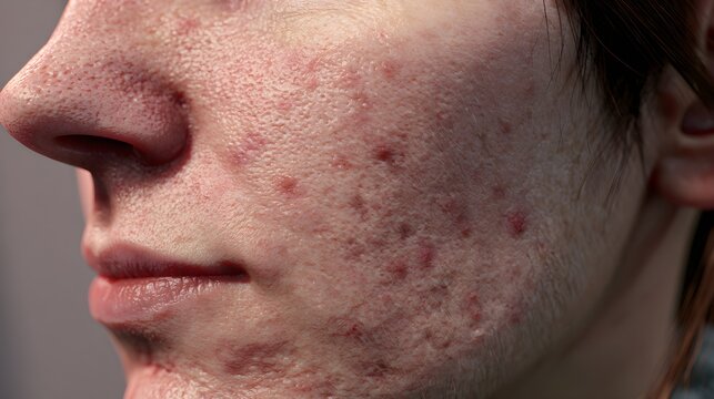 Acne skin condition on male face, close up of cystic acne and pimples, dermatological skin texture with scars and blemishes
