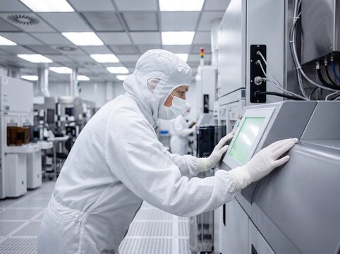 Reinraum-Technikerin kontrolliert &uuml;ber die Schulter fotografiert eine Halbleiter-Anlage am Touchscreen in der Chipfabrik