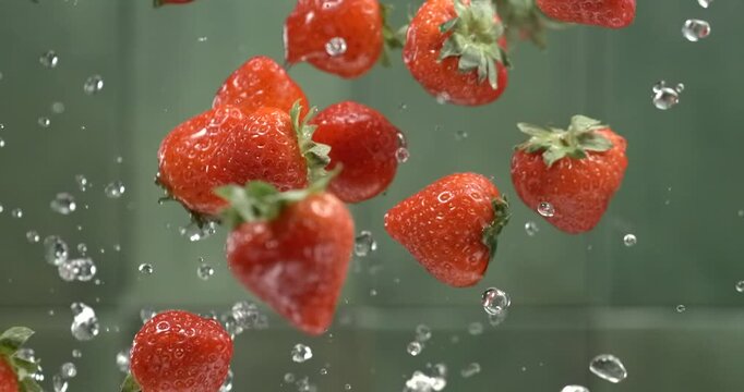 Strawberries with water splashes falling in super slow motion