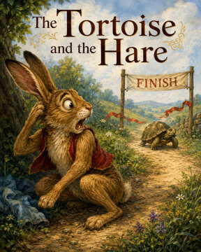 Classic Aesop Fables Illustration of The Tortoise and the Hare Story