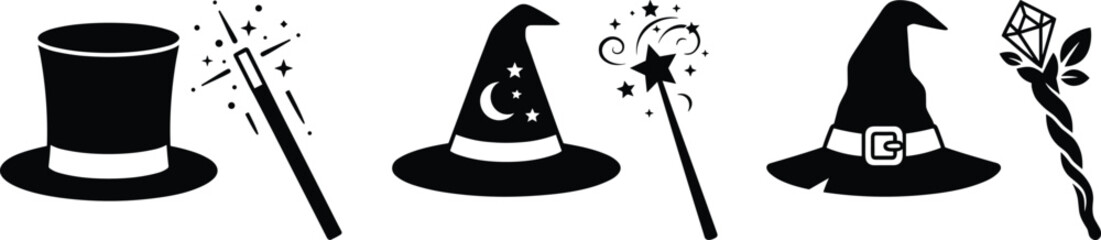Fototapeta premium Magician, wizard, and witch hats with magic wands silhouette vector icon set