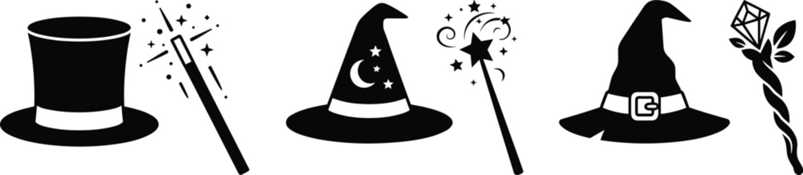 Magician, wizard, and witch hats with magic wands silhouette vector icon set