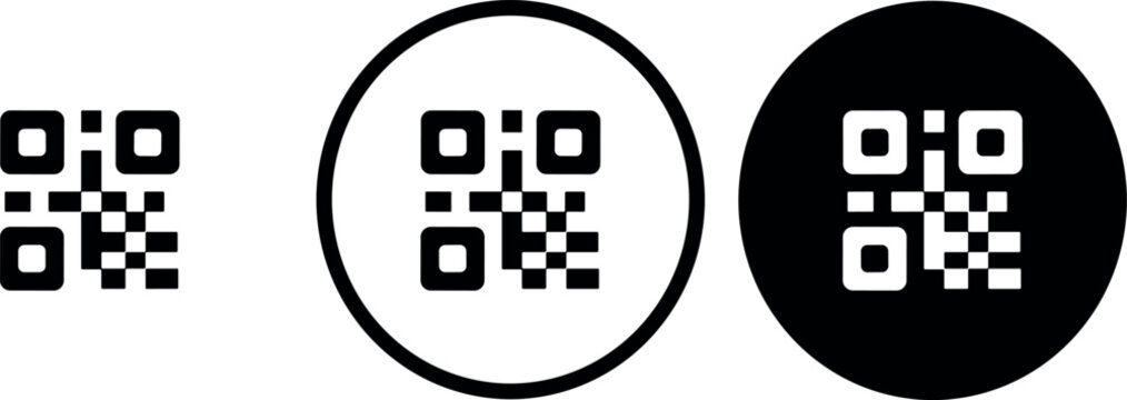 Minimalist QR Code Icon Set Featuring Standard Matrix Barcode and Circular Badge Variations for Digital Identity, Smart Marketing, and Quick Response Website Navigation