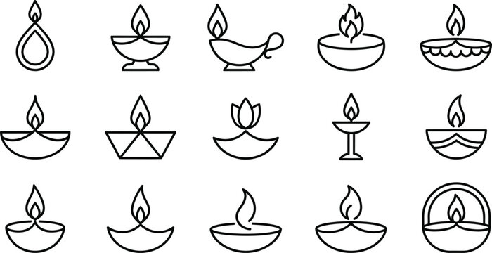 Diwali oil lamp icons a collection of traditional indian deepa designs