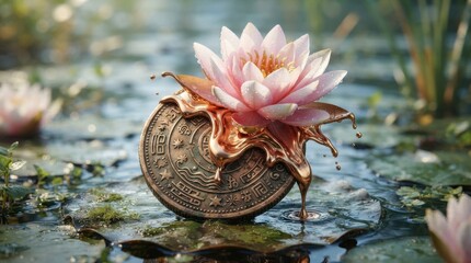 Obraz premium Pink water lily flower on metallic coin in pond