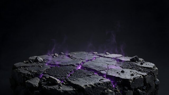 The backdrop is a cracked, dark gray concrete platform used for displaying goods. Mysterious neon purple energy and purple smoke rise.