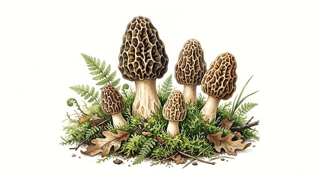 A cluster of earthy morel mushrooms and lush green ferns grow in a forest setting.