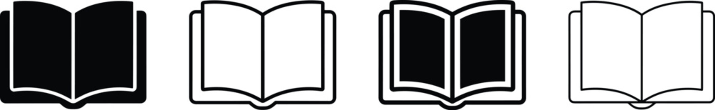 Set of open book icons in black and white solid and outline styles vector illustration