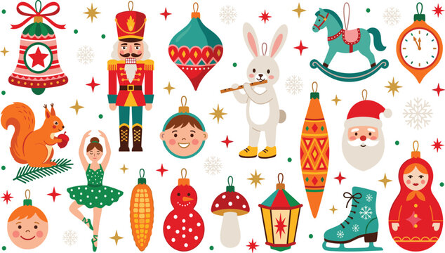 Colorful collection of vintage Christmas ornaments and holiday icons including nutcracker, toys, and festive decorations