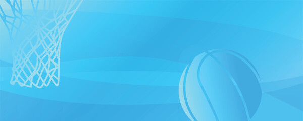 A blue basketball background with an abstract silhouette of a ball, hoop, and net. A minimalist vector banner and template for sports content, advertising, presentations, and websites © Александр Филяшин