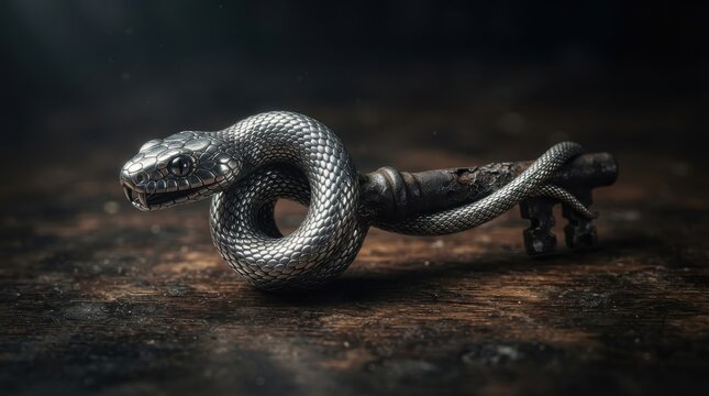 Silver snake wrapped around an antique rusty key