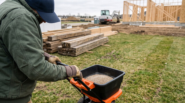 Professional gardener fertilizing lawn with wheelbarrow. Landscaping worker applying soil nutrients during residential construction.