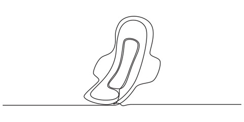One continuous line drawing of sanitary napkin and pad. Menstruation cycle and menstrual calendar concept in simple linear style. Hygienic absorbent in Editable stroke.  Hand drawn one line vector.
