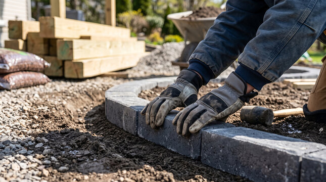 Professional landscaper installing garden edging bricks. Skilled worker laying durable paving stones for outdoor landscaping design.