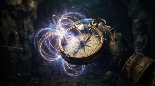 Broken vintage compass with magical glowing energy in cave