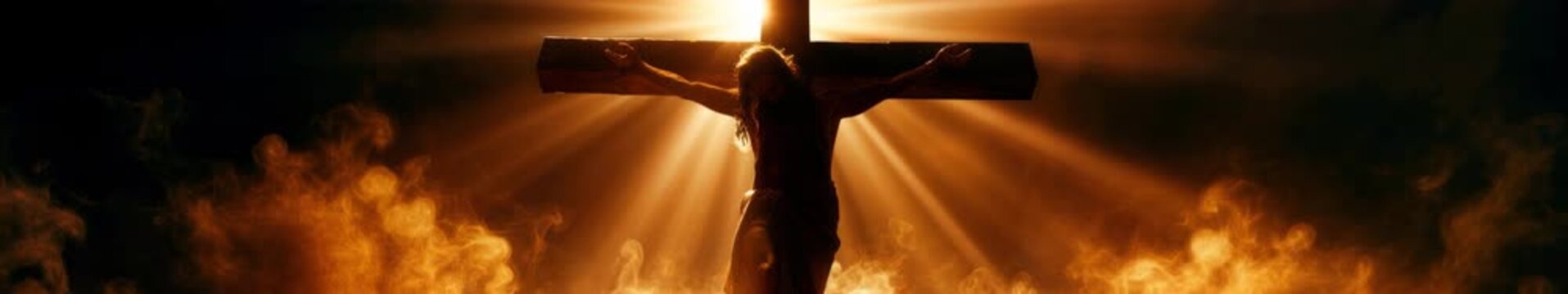 Jesus Christ Crucifixion on Cross with Dramatic Golden Light Rays and Smoke, panorama, looped animation