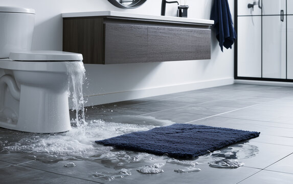Water floods bathroom floor near toilet. Blue rug soaked, reflecting light. Shower area visible behind vanity. Modern fixtures show no signs of damage.
