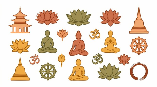 Buddhism icons arranged as a collection feature stylized lotus flowers, pagoda temples, and meditating figures in a warm autumnal color palette.