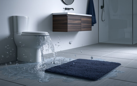 Water floods bathroom floor near toilet. Blue rug soaked, reflecting light. Shower area visible behind vanity. Modern fixtures show no signs of damage.