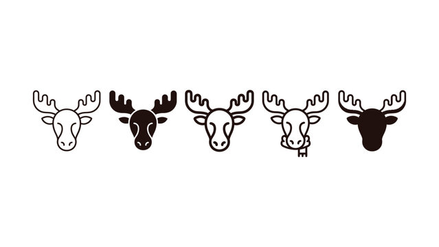 Five different colored moose head icon in various styles and colors on a white background