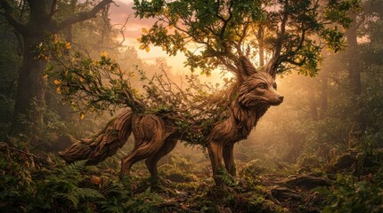 Obraz premium Fantasy wooden fox creature in a magical forest