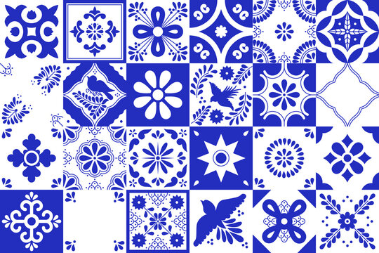 Set of traditional mexican talavera tile patterns. Blue and white ceramic art from Puebla. Mediterranean geometric ornament with flowers, leaves, swirls, bird motifs. Vector background.