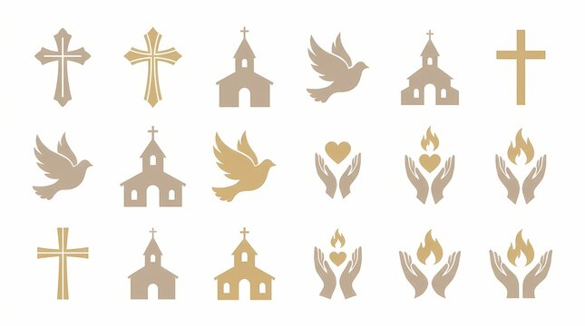 Religious icons featuring crosses, churches, doves, and praying hands are arranged neatly in a grid pattern against a clean white background.