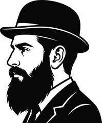 Bearded Man Wearing Vintage Bowler Hat Profile Portrait Black and White Silhouette Logo Emblem Barber Shop Fashion Vector Graphic Illustration © Rafika