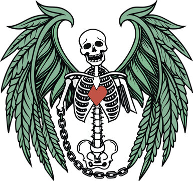 Vintage skeleton with green wings and red heart, gothic skull illustration with metal chains, hand drawn tattoo style vector art for apparel
