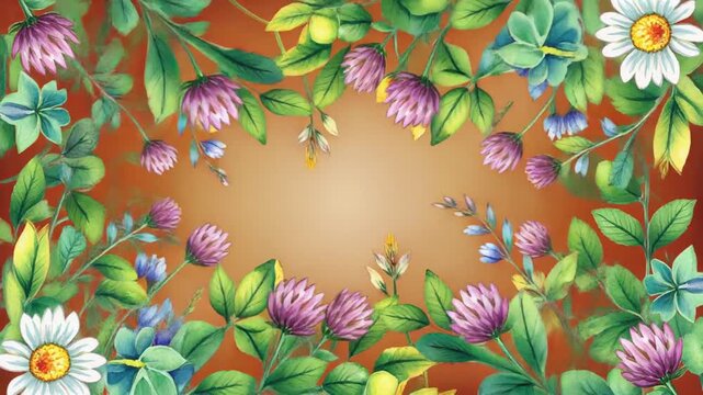 Wildflower border frame with purple clover and daisy flowers on brown background artistic hand drawn watercolor art