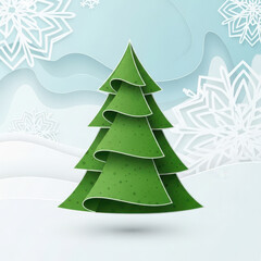 Obraz premium Stylized green paper Christmas tree with decorative snowflakes in background