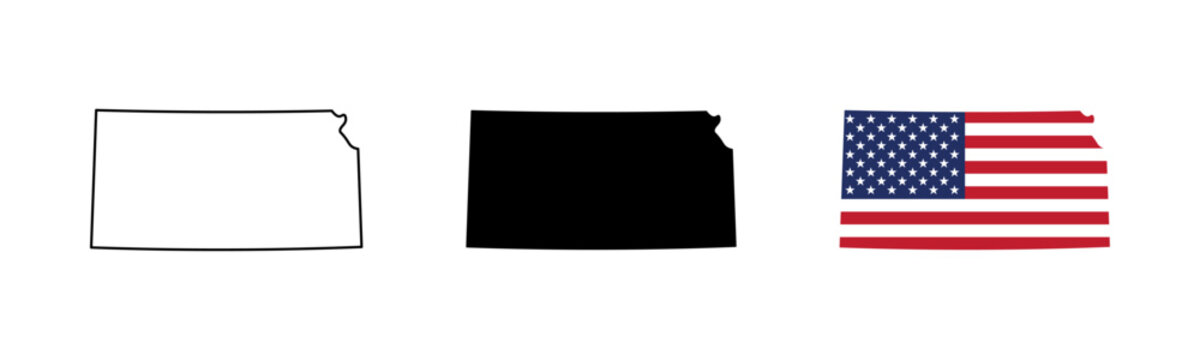 Kansas state outline, silhouette and American flag icon set