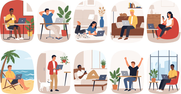 Diverse collection of people working remotely with laptops from home and tropical beach settings