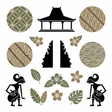 Indonesian cultural elements including batik patterns, traditional architecture silhouettes, wayang kulit puppets, and tropical flora compose a detailed graphic collection for design projects.