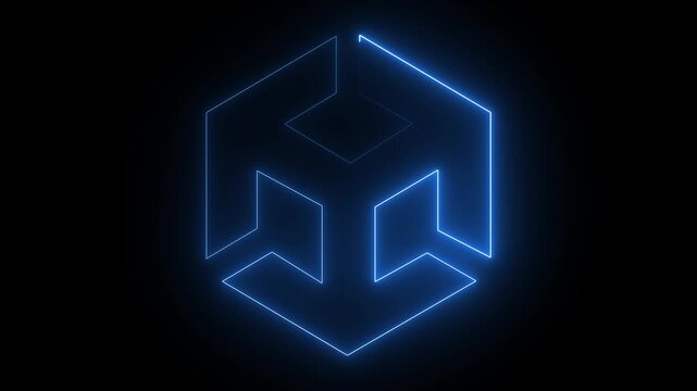 Unity icon animation by blue color on black background. 3d modeling, isometric cube with axes. BIM Technology Icon Ideal for Building Information Modeling and Architecture. 4k motion video.