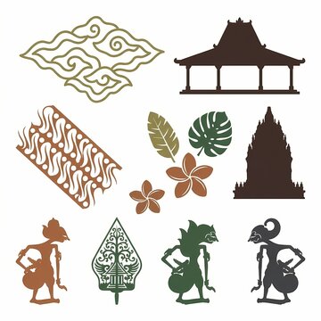 Indonesian cultural elements including traditional shadow puppets and batik patterns are arranged in a flat vector design set celebrating heritage motifs on a clean white background.