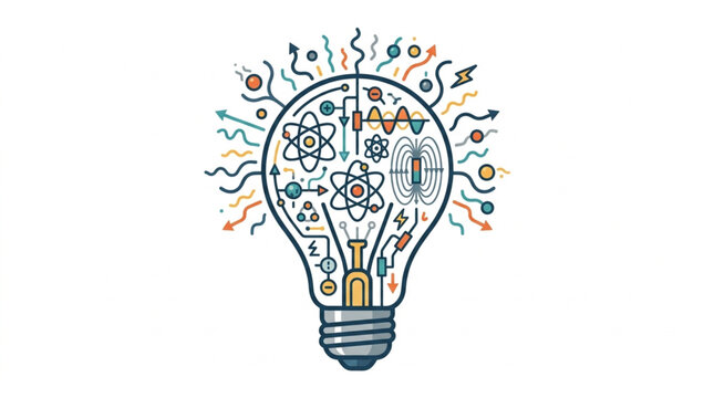 Creative light bulb with science and idea symbols inside.