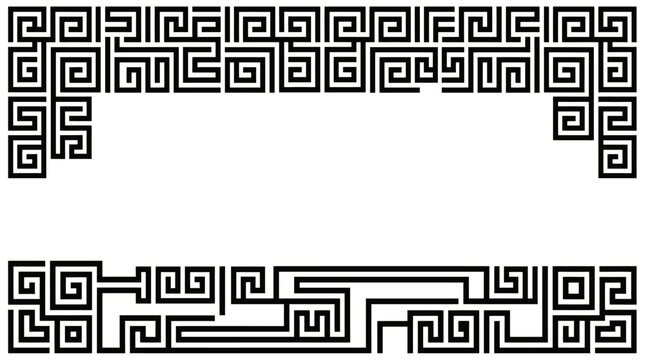 Black geometric maze border frame on white background.