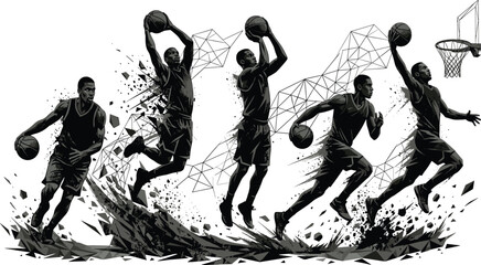 Dynamic monochrome vector illustration of a basketball player in multiple action poses with geometric explosion effects and hoop © Prince7011