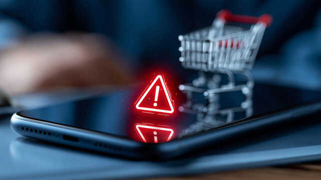 Smartphone displaying an online shopping fraud warning with a digital alert icon, cybersecurity threat in mobile commerce, with copy space