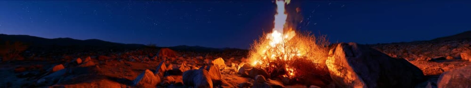Burning Bush in Barren Rocky Desert at Night Under Starry Sky, cinematic biblical scene, widescreen loop