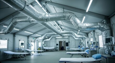 Obraz premium View of insulated HVAC ducts running inside a spacious field hospital tent maintaining climate control for patient comfort in remote crisis areas.