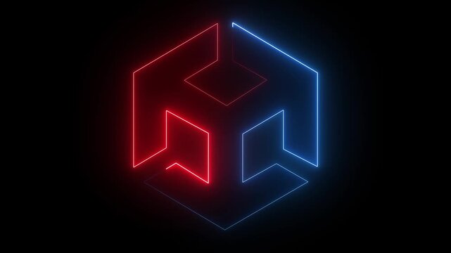 Unity icon animation by blue and red color on black background. 3d modeling, isometric cube with axes. BIM Technology Icon Ideal for Building Information Modeling and Architecture. 4k motion video.